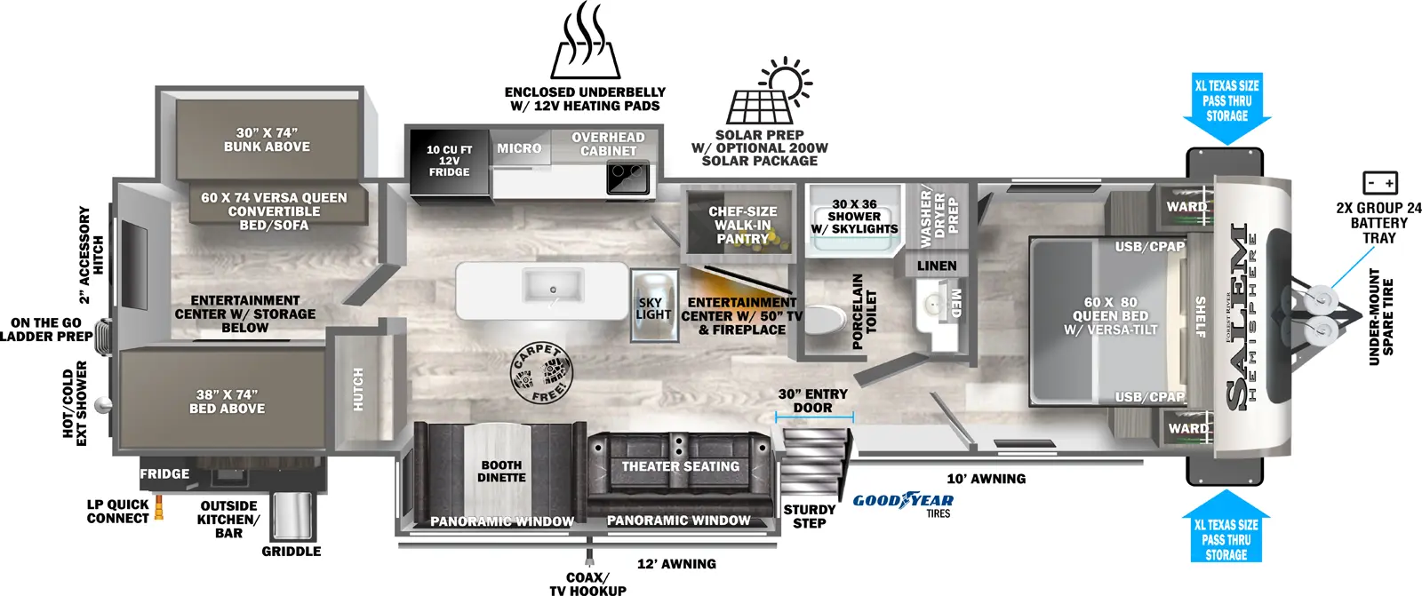 The 310BHI has 2 slideouts, 2 on the off-door side and 1 on the door side. Exterior features include a rear spare tire, on the go ladder prep, rear hot/cold shower, outside kitchen/bar with LP quick connect, refrigerator and griddle, coax/TV hookup with TV mount on the slideout, a 12 ft. and 10 ft. awning, 30 in. entry door with Sturdy Step, XL Texas size pass through storage, 2X group 24 battery tray on the tongue, solar prep with optional 200W solar package, and enclosed underbelly with 12V heating pads. Interior layout from front to back includes: front bedroom with foot-facing 60 x 80 Queen bed, opposing side wardrobes and USB/C-PAP ports, shelf over the bed and washer/dryer prep in a closet; off-door side bathroom with 30 x 36 shower with skylights, linen storage, porcelain toilet, medicine cabinet and vanity; kitchen/living area with off-door side slideout containing a 10 cu. ft. refrigerator, overhead microwave, overhead cabinet and stovetop, rear facing chef-size walk-pantry; kitchen island with sink and skylight above; door side slideout with booth dinette and theater seating; front-facing hutch; rear bunk house with off-door slideout holding 30 x 74 bunk above, 60 x 74 Vera-Queen convertible bed/sofa, door-side entertainment center with storage below with 38 x 74 with bed above.